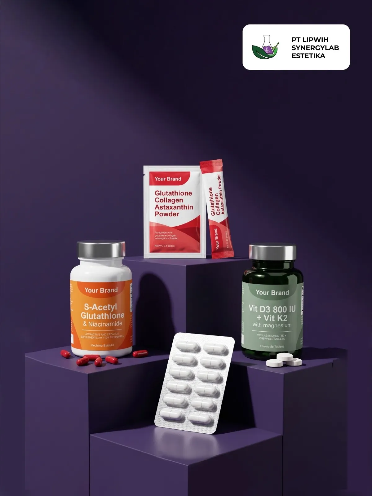 Private-label supplement bottles, powder sachet, stick pack and blister on purple plinths